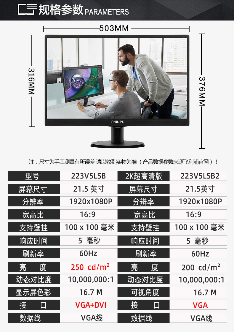 飞利浦223V5LSB2 22英寸1080P全高清HDMI台式电脑显示屏便携屏幕液晶电脑显示器