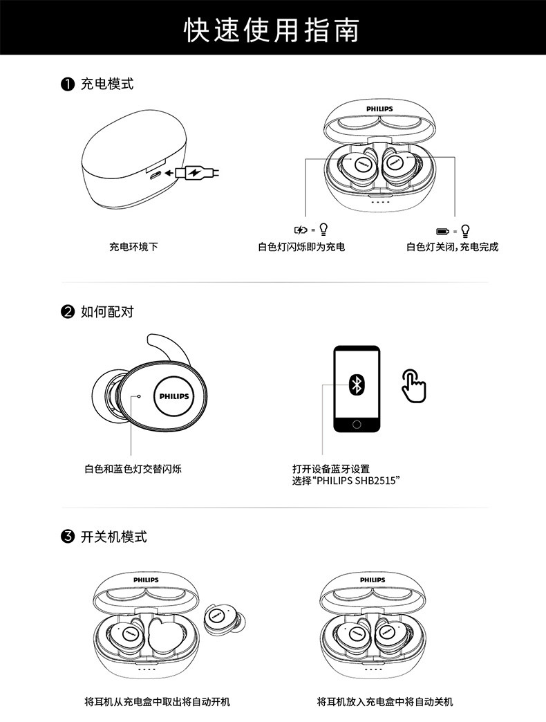 飞利浦 SHB2515真无线蓝牙耳机双耳运动入耳式耳塞HIFI耳麦505