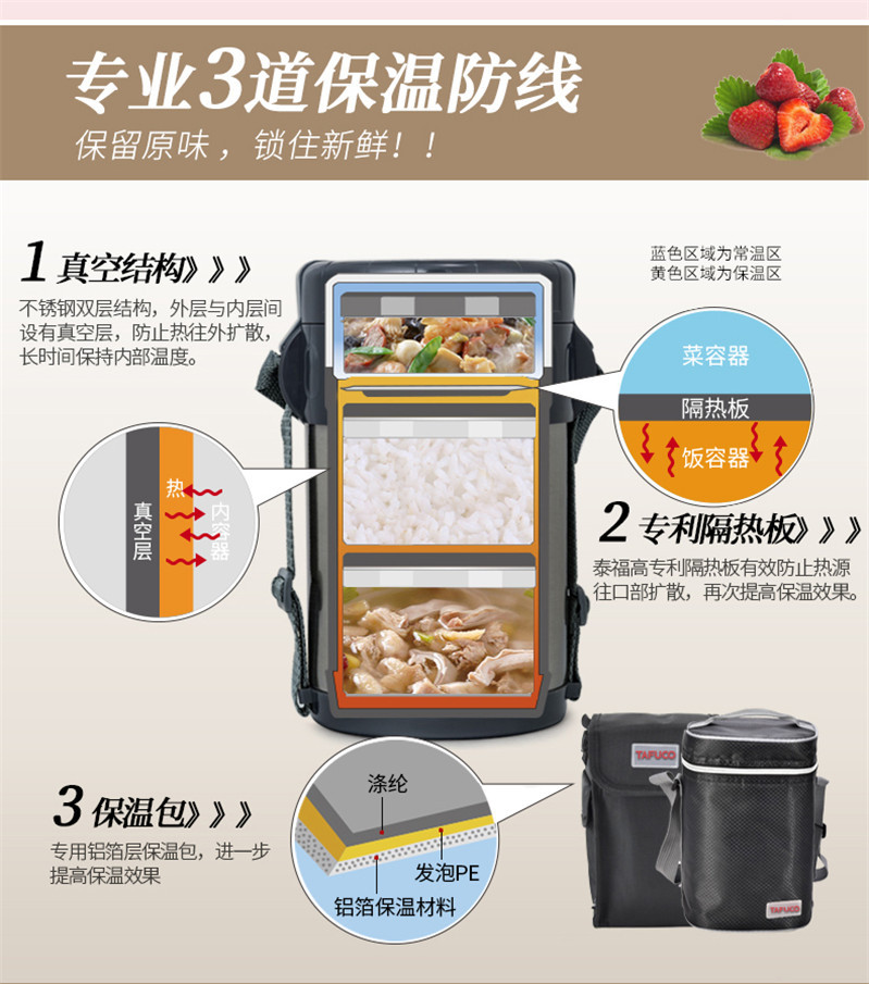泰福高（TAFUCO） 日本泰福高保温饭盒便当盒1人便携学生多层真空超长保温桶上班族1.5升