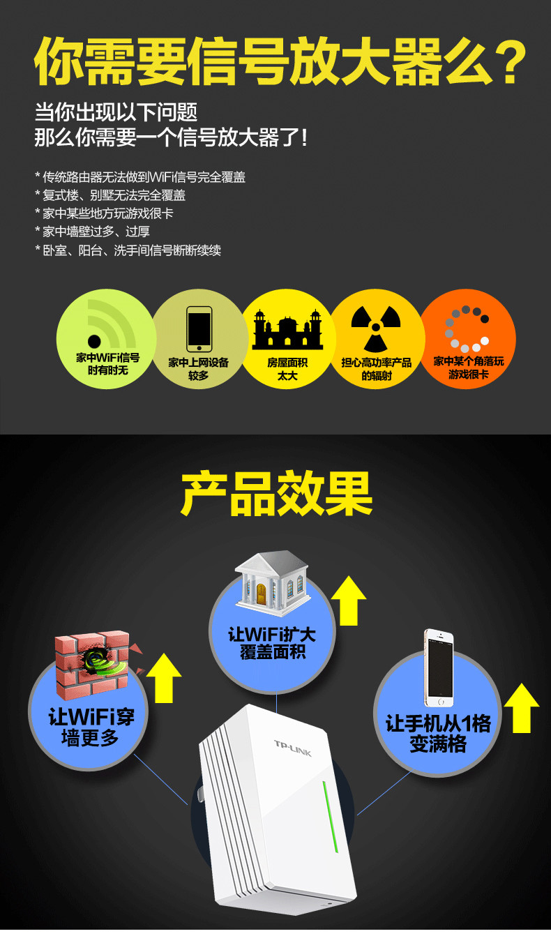 TP-LINK 信号放大器WiFi增强器家用无线网络中继高速穿墙接收加强扩大路由扩展穿墙王