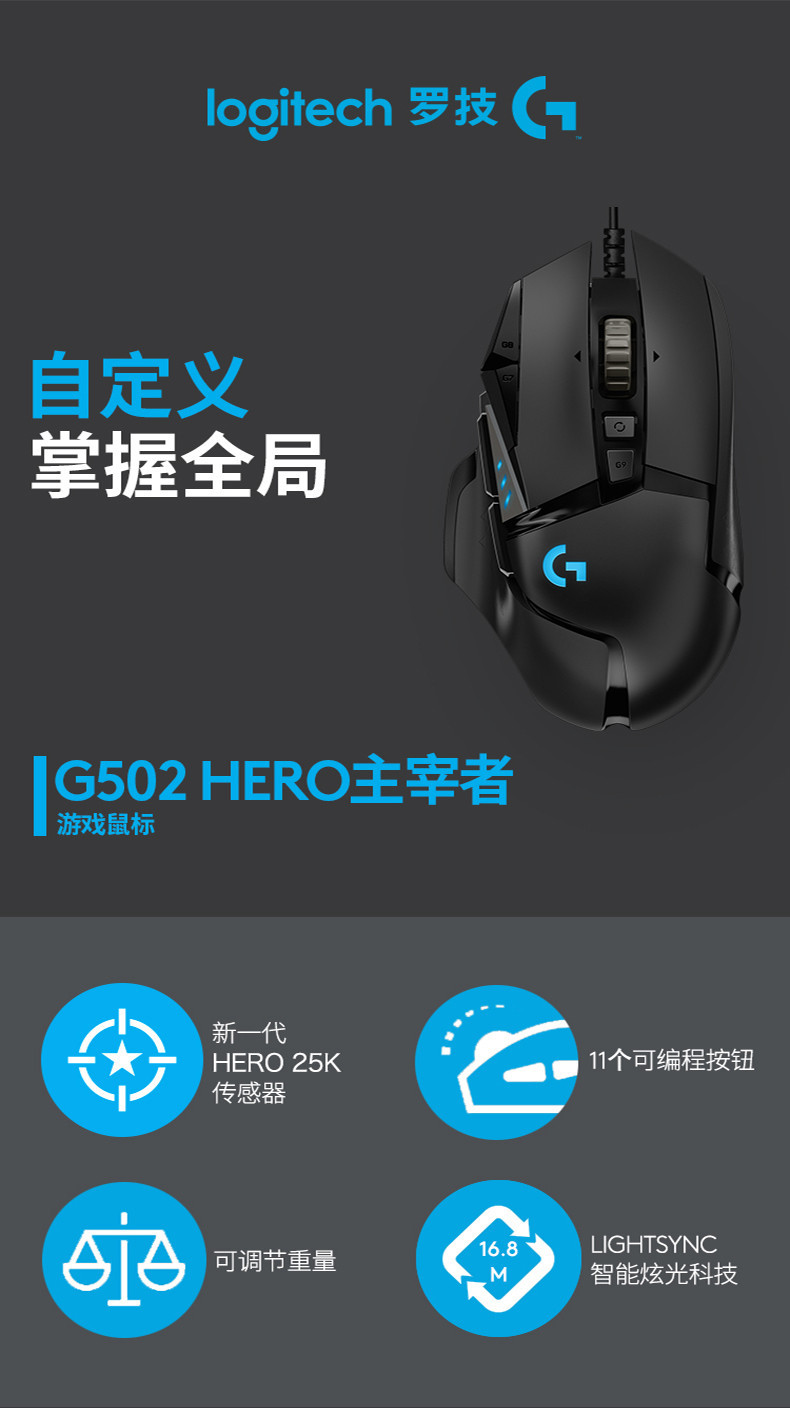 罗技G502 Hero主宰者有线鼠标机械电竞游戏吃鸡CF魔兽世界LOL宏笔记本台式电脑专用