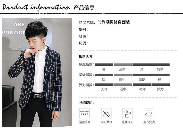 雷斯英杰/LEISIYINGJIE冬季新款男士时尚格子西服外套青少年韩式修身潮流男西服