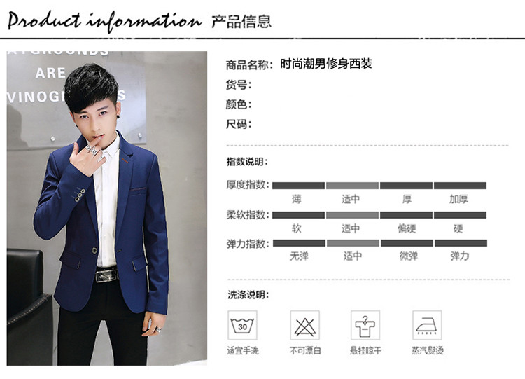 雷斯英杰/LEISIYINGJIE冬季新款男士时尚纯色西服青少年韩式修身潮流必备潮男上衣