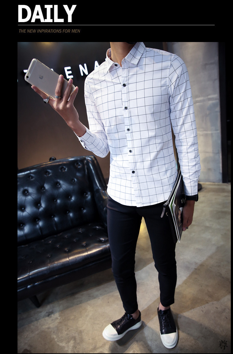 雷斯英杰/LEISIYINGJIE 2017年春装男新款韩版纯色格子衬衫时尚休闲修身男士舒适衬衣