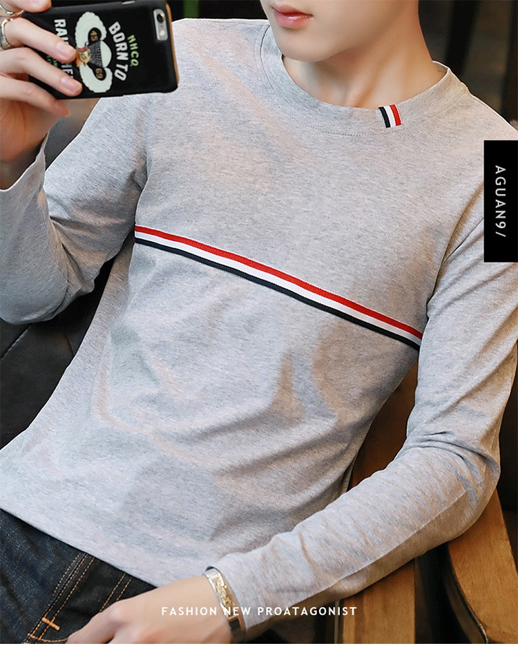 雷斯英杰/LEISIYINGJIE2017春季新款男士长袖T恤青少年韩式修身简约百塔T恤