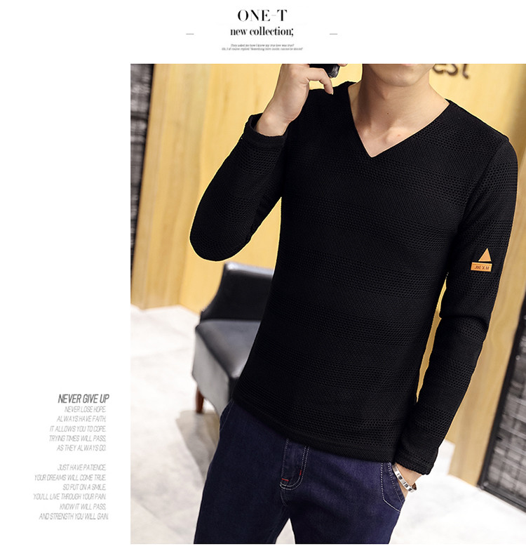 雷斯英杰/LEISIYINGJIE 春季男士长袖T恤 厚网布V领韩版修身青少年时尚T恤衫