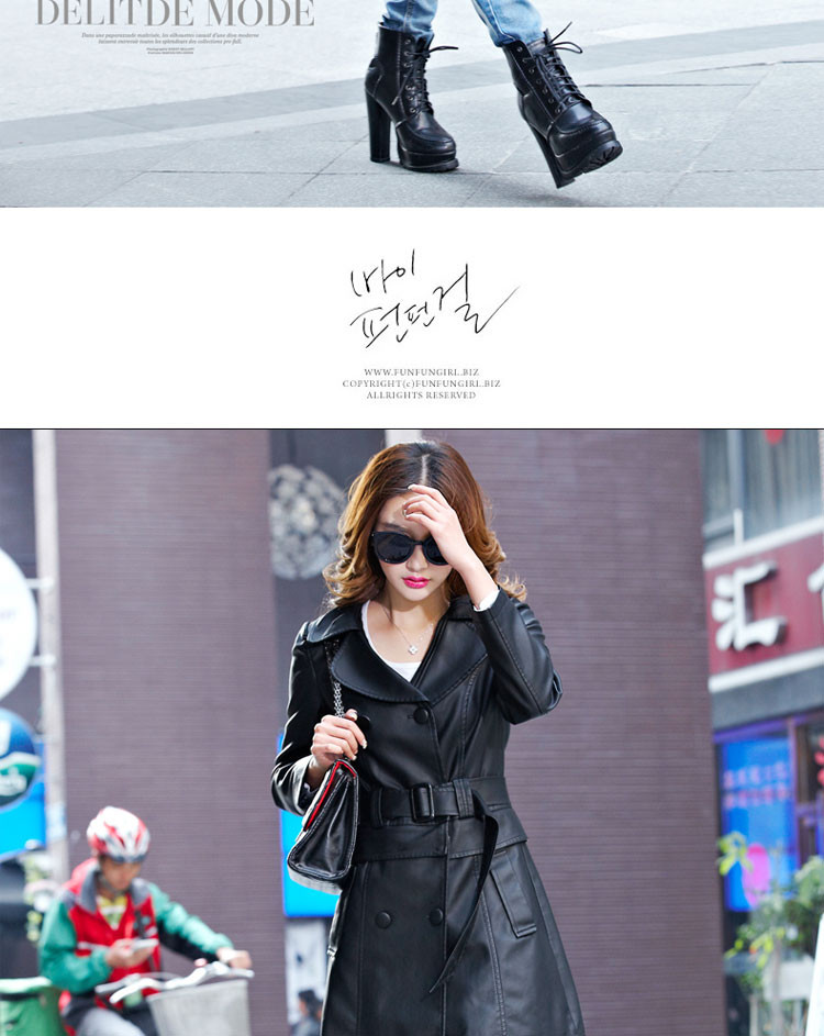 雷斯英杰  2017春季女韩版修身显瘦可拆卸中长款风衣皮衣外套