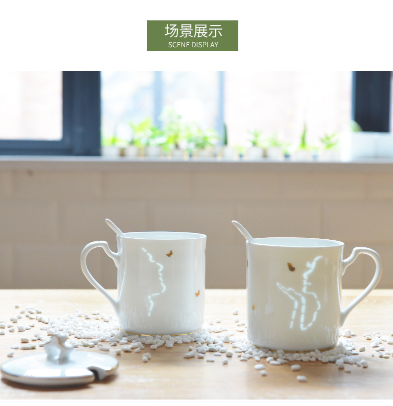 古镇陶瓷景德镇玲珑陶瓷茶杯马克杯带盖带勺简约水杯杯子情侣杯