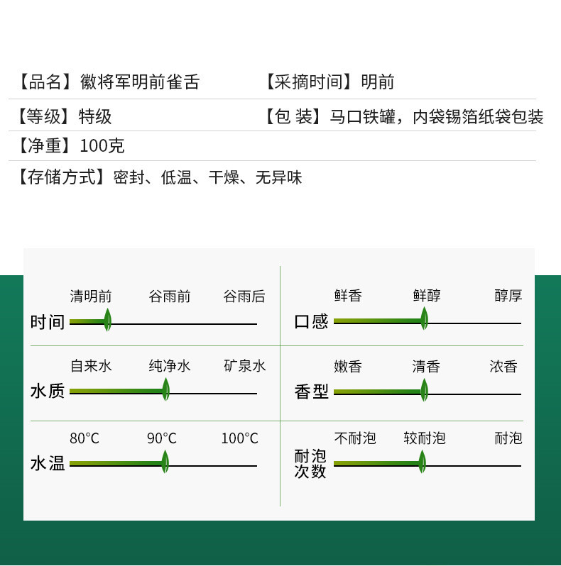 徽将军 【2021新茶直发】明前特级雀舌茶绿茶毛尖茶叶100g春茶嫩芽散装