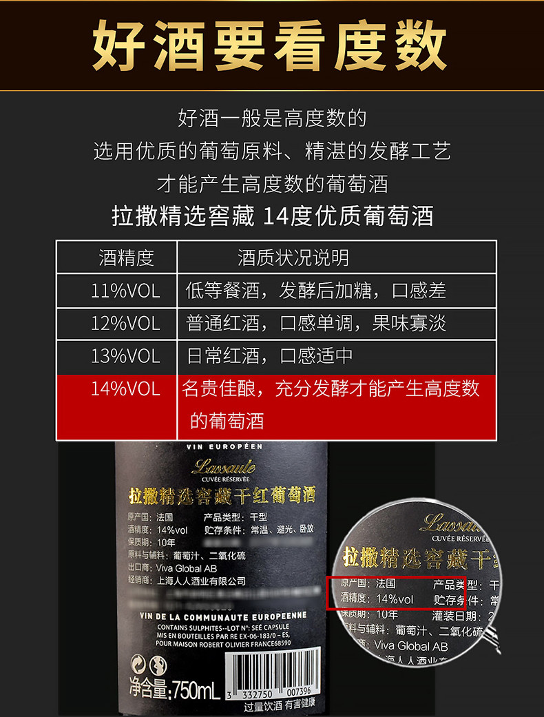 14度法国原瓶原装进口红酒 拉撒精选窖藏干红葡萄酒750ml*6瓶整箱装