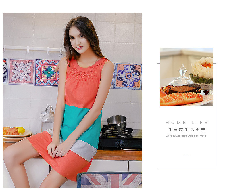 锦依偎夏季圆领无袖百折边蝴蝶结女棉质针织睡裙休闲家居服
