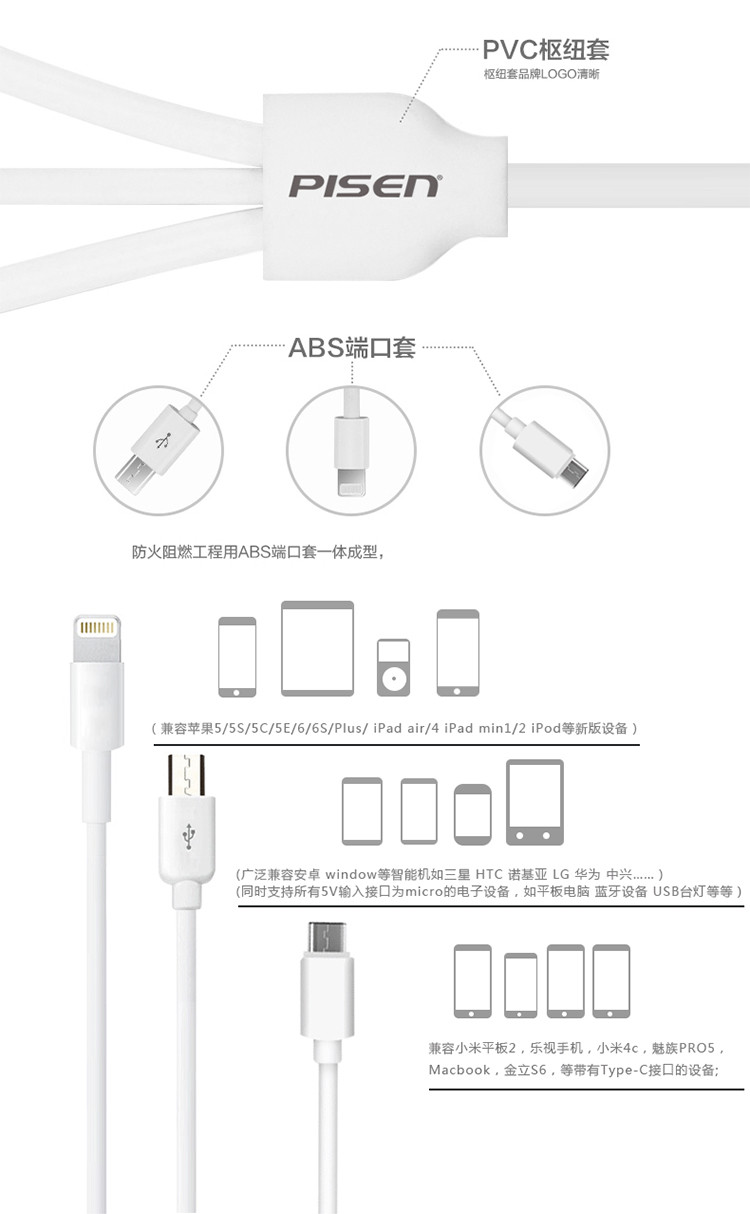 品胜 一拖三 Type-C/Micro USB/Lightning接口 三合一手机数据线/充电线