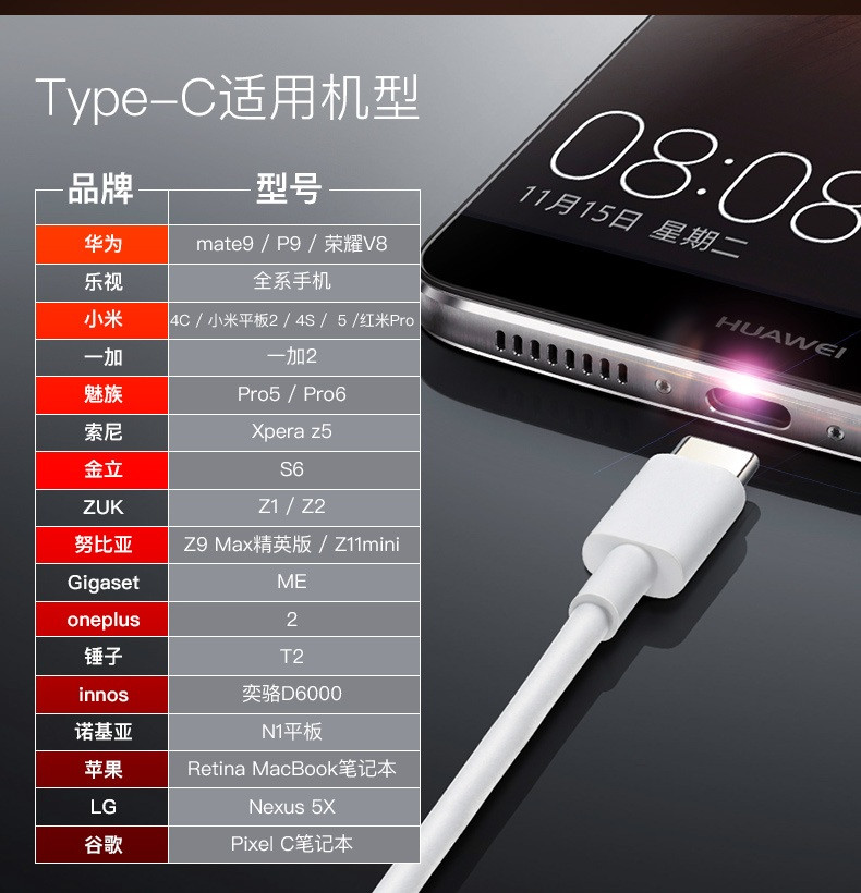 华为/HUAWEI 华为荣耀 Type-C数据线原装手机充电线 mate9/P9/荣耀8/V8 白