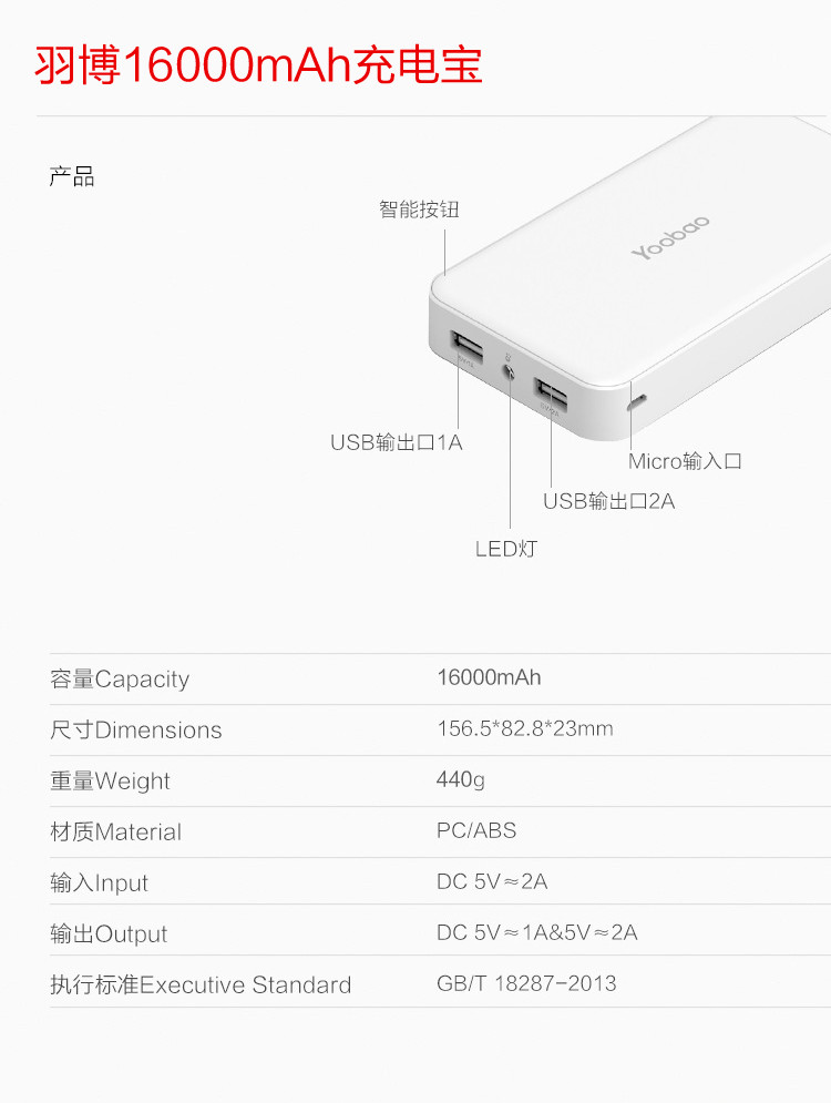 羽博 移动电源 手机充电宝大容量双USB平板通用 s8 便携16000毫安