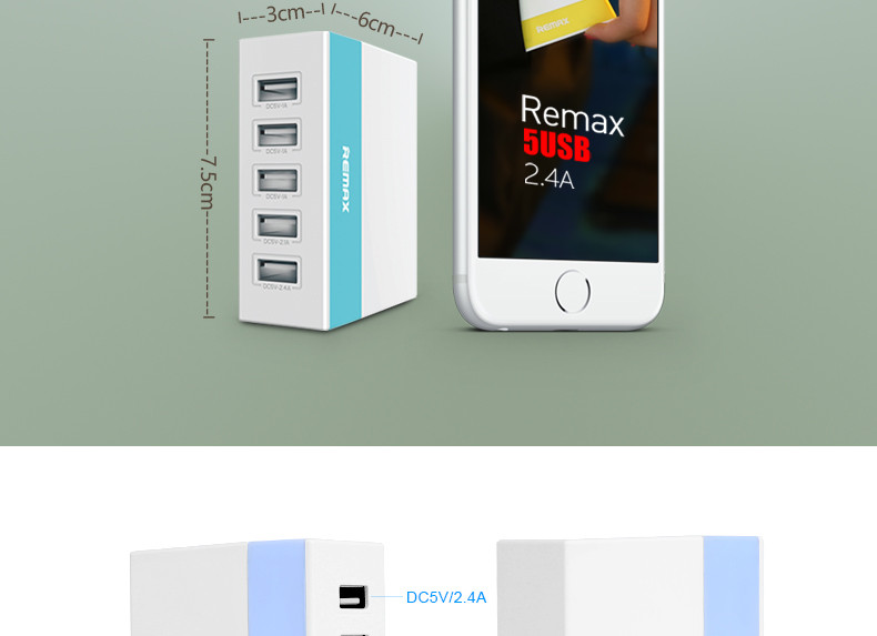 睿量Remax 5U充电器青春版充电头2a多口usb充电器头多功能手机快充桌面多孔插座安卓苹果