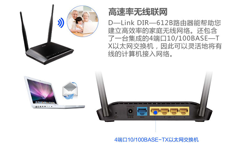 D-Link友讯dlink DIR-612B家用光纤无线路由器300M 双天线WIFI路