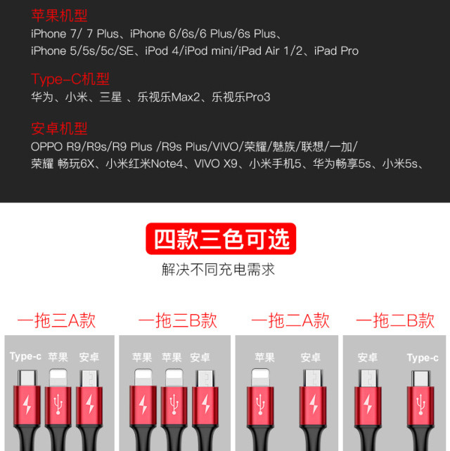 倍思 极速系列 一拖三数据线 Micro+Lightning+Type-C接口3A 1.2M