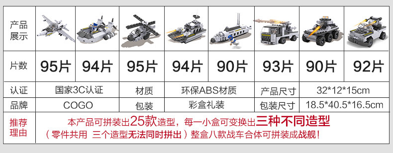 COGO 塑料拼插积木 军事航母8合1部队拼装积木 儿童益智启蒙玩具6-8岁