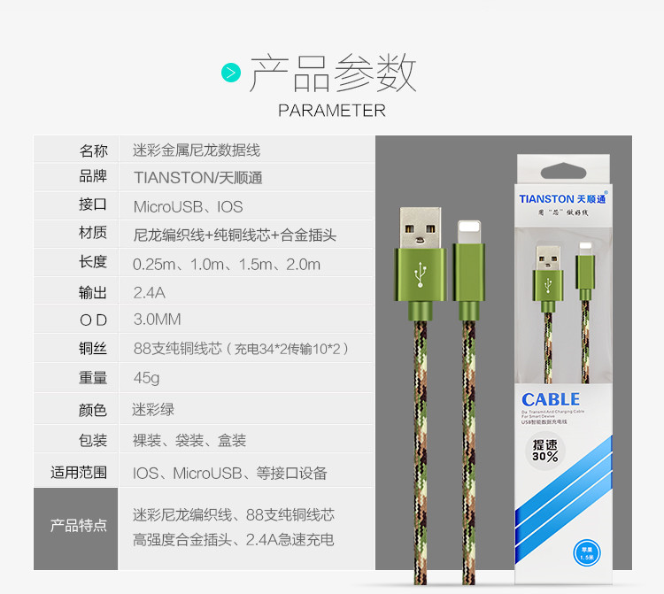 【来饰缘】1米长苹果iPhone7 5S 6Plus安卓迷彩编织数据线加长智能手机充电线