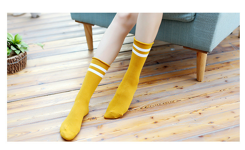 SOBO【5双装】 秋冬季复古日系袜子棉堆堆袜薄款 女二杠横条纹卷边中筒袜学生袜