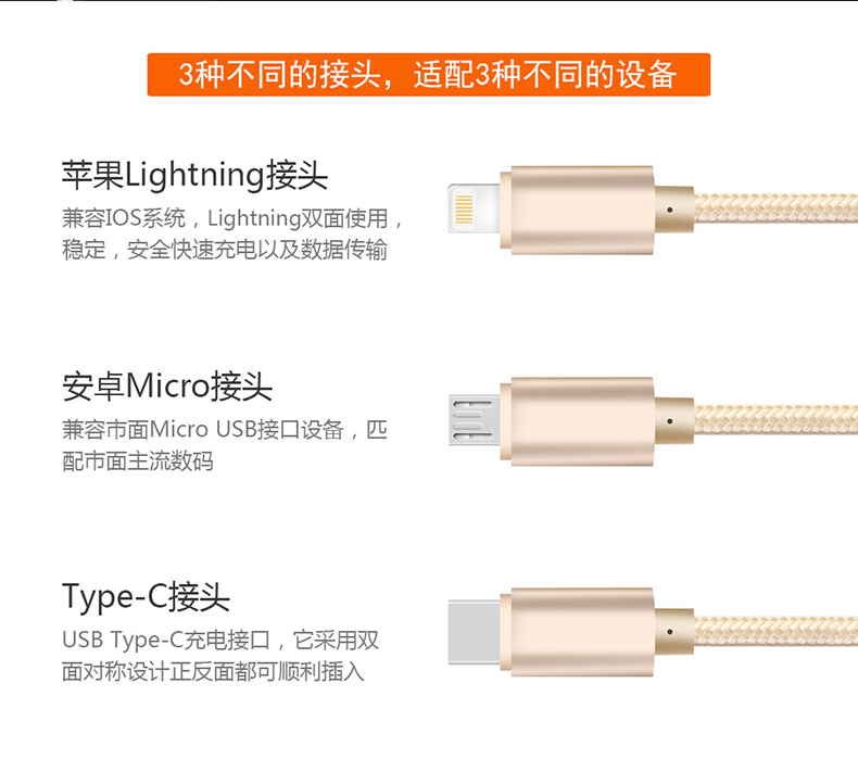 维肯/VIKEN  一拖三数据线苹果安卓乐视Type-C 三合一尼龙充电线1.2米