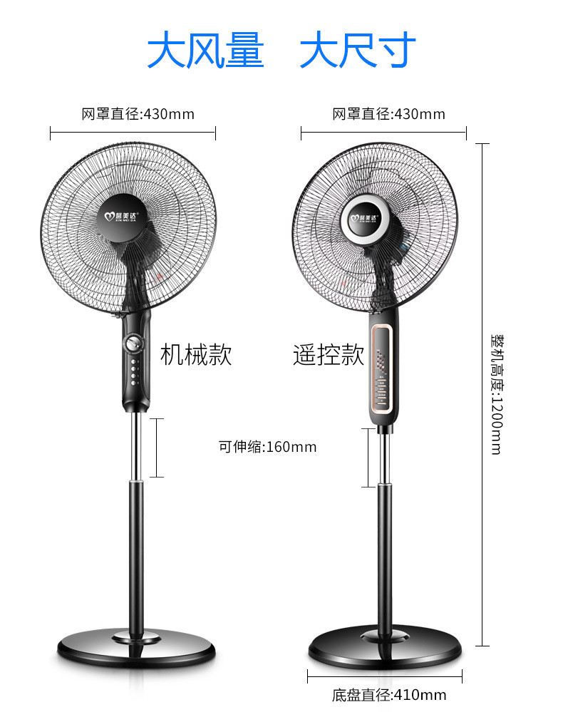 馨美达环保底盘五叶电风扇家用 摇头静音 落地扇遥控款塑叶带延长线FS40-16B