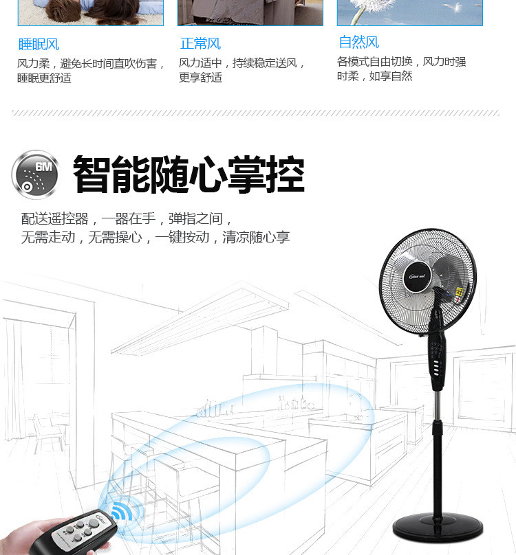 奥德尔FS40-C1TY家用电风扇16寸落地扇智能遥控远距离定时大风