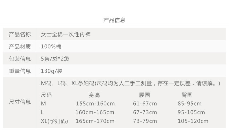 【重庆渝中生活馆】全棉时代 纯棉一次性内裤 孕妇产前产后 经期旅行月子用品女5条/袋（2袋）