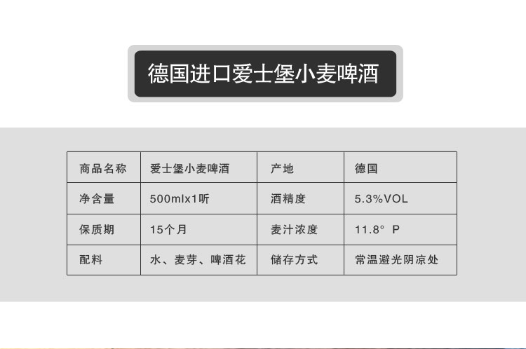 【我爱俄小糖】【一听】德国正品啤酒 原装进口啤酒爱士堡小麦啤酒白啤酒500ml*1