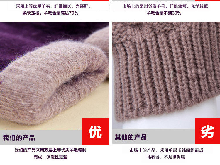 秋冬季手套 羊毛女士 超厚保暖兔毛球双层加厚连指针织手套