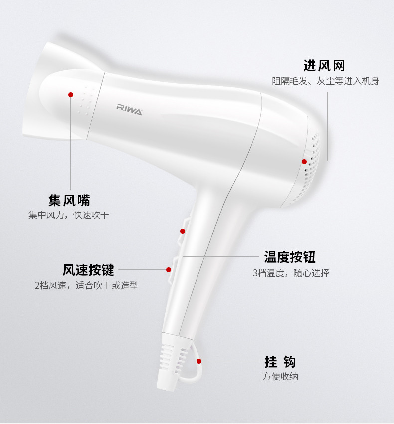 雷瓦（RIWA）电吹风2000W家用大功率吹风机速干恒温 造型风筒 RC-7136