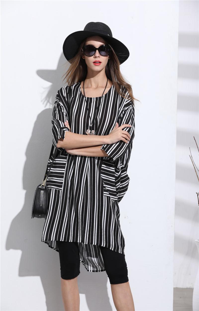 玛丁格拉丽斯 /原创设计时尚简约黑色圆领竖条松身宽松连衣裙 全国包邮
