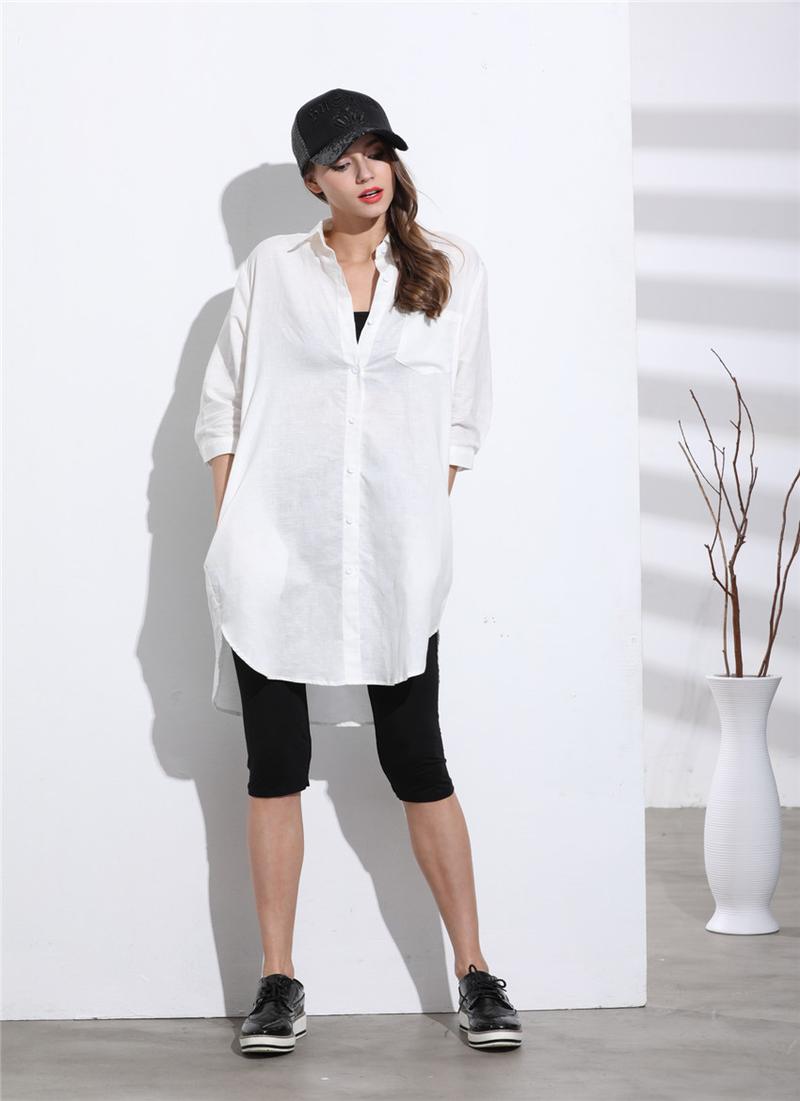 玛丁格拉丽斯 /原创设计时尚简约白色中袖长款麻料衬衫  全国包邮