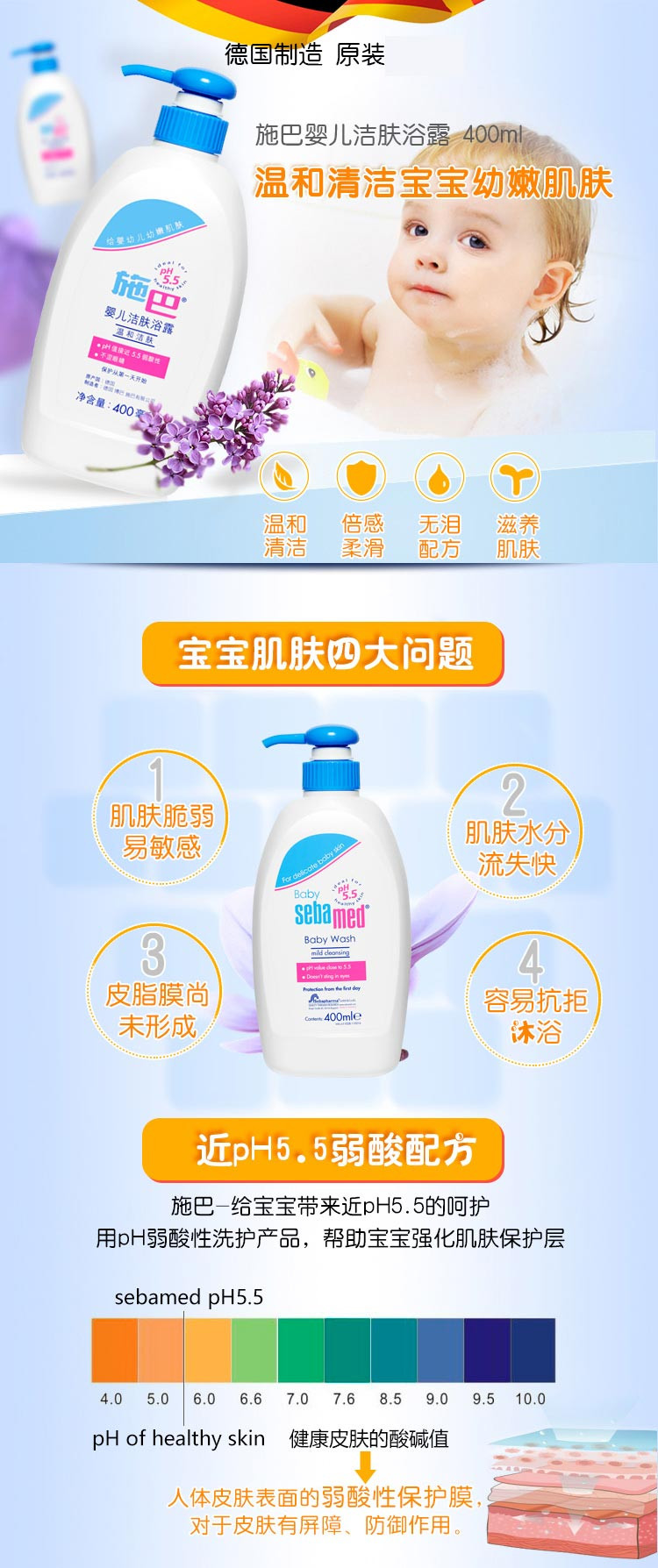 施巴/sebaned 婴儿洁肤浴露400ml