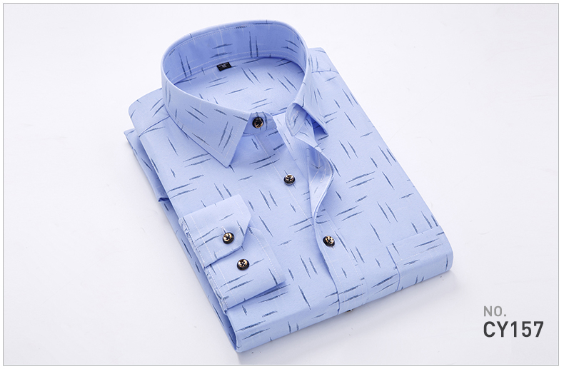2018年男装青年商务休闲格子衬衣韩版修身型薄款长袖衬衫印花衬衫