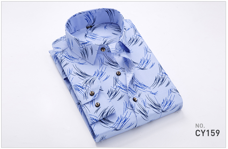 2018年男装青年商务休闲格子衬衣韩版修身型薄款长袖衬衫印花衬衫