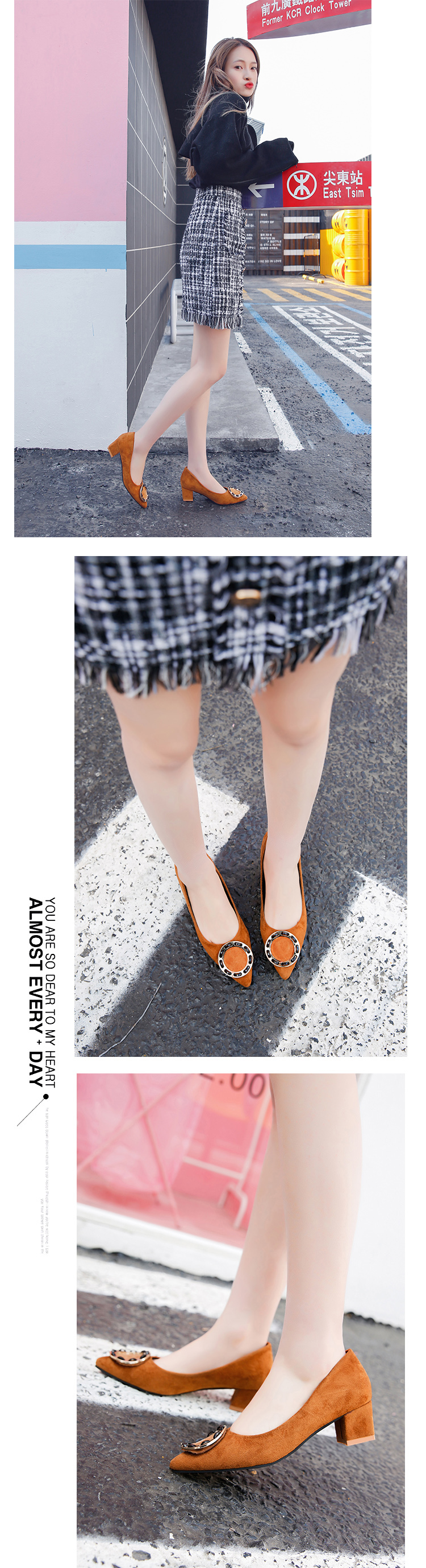 2018韩版春季新款鞋子女粗跟中跟鞋尖头浅口套脚时尚绒面单鞋女鞋