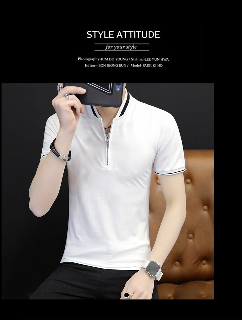 2018年夏季新款男士短袖T恤韩版男装v领半袖拉链上衣体恤打底衫