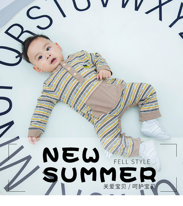 BC 2017年婴童新品条纹口袋撞色卡通长袖连体衣