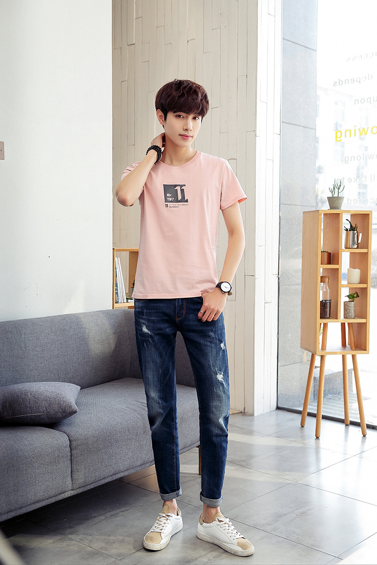 M2018夏季新款男士圆领纯棉T恤个性字母印花韩版青春时尚休闲t恤