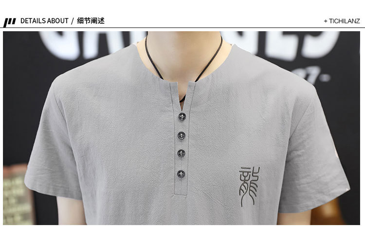 X夏季新款男士短袖t恤 男式休闲套装v领纯色短裤韩版青年大码运动