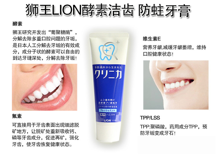 日本原装进口狮王（Lion）牙膏 酵素洁净牙膏 (清新薄荷) 130g