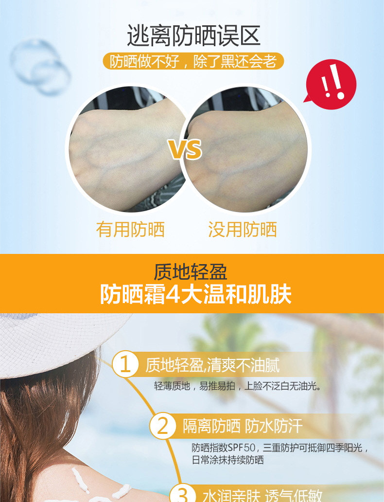 伊诗兰顿防晒霜SPF50PA+++防水防汗隔离防水耐晒海边全身学生军训清爽不黏