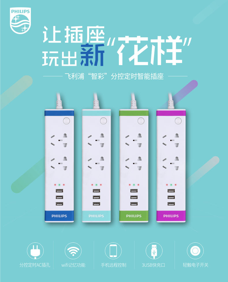 飞利浦/PHILIPS  WIFI电源转换器  2位组合孔、3口USB2.4A