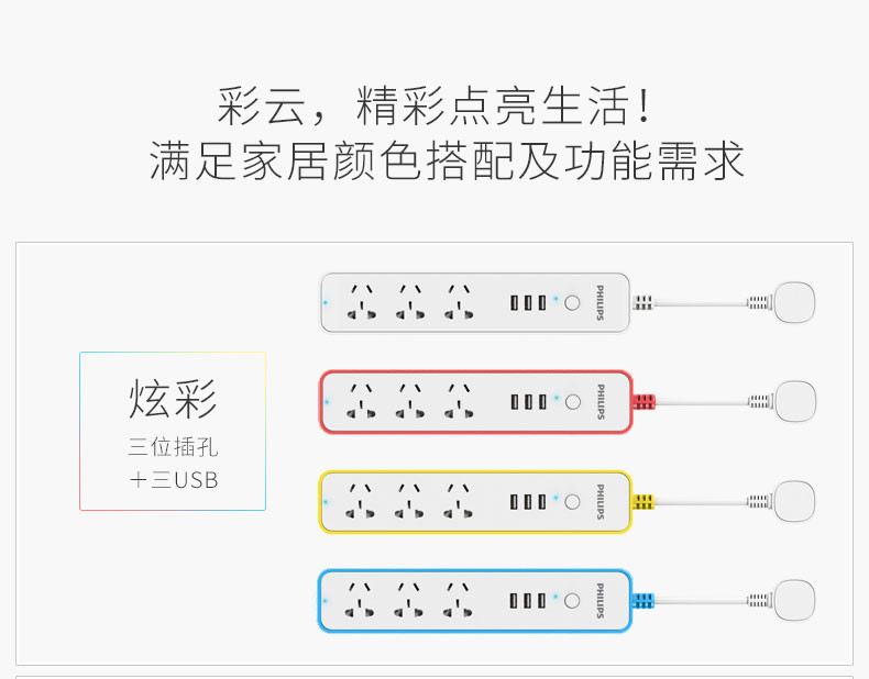 飞利浦/PHILIPS  WIFI电源转换器 3位组合孔、3口USB2.4A 防雷