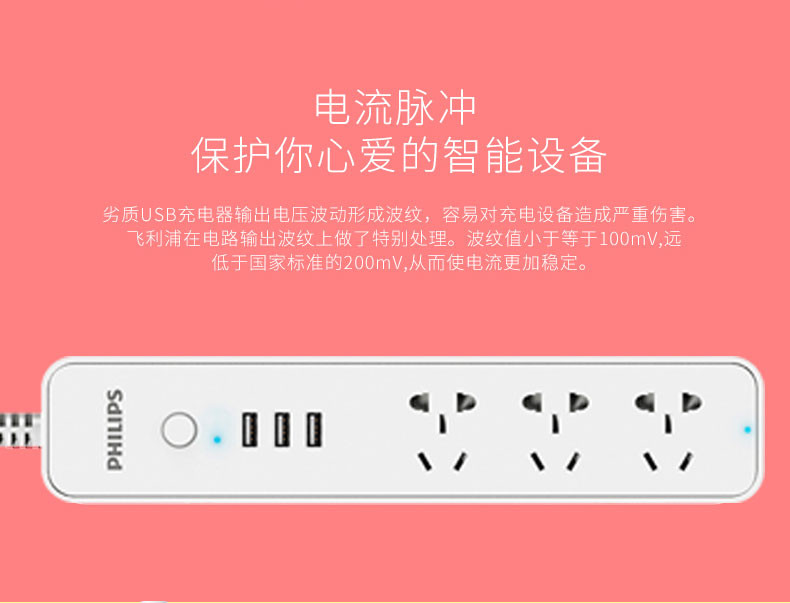 飞利浦/PHILIPS  WIFI电源转换器 3位组合孔、3口USB2.4A 防雷