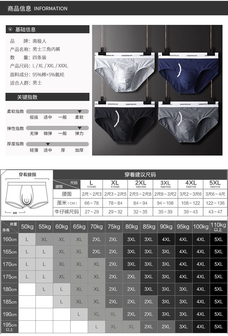 南极人男士内裤三角裤纯色全棉加大码5XL可穿夏季三角内裤男式盒装裤SMG