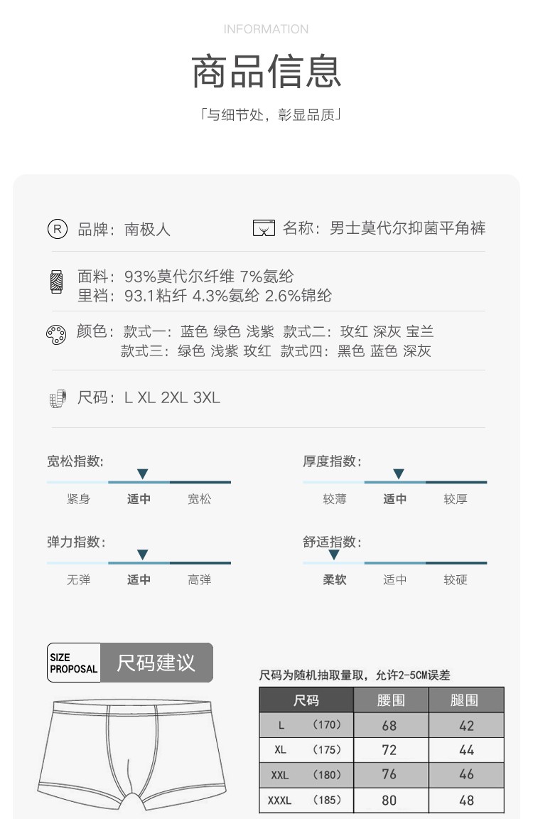 南极人男士内裤男平角裤莫代尔冰丝透气抑菌平角内裤3条装LM