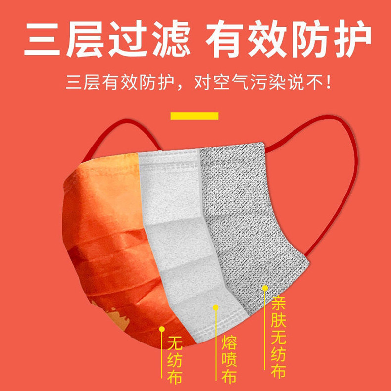 中国风一次性口罩三层熔喷防护爱国潮流印花平面独立包装口罩