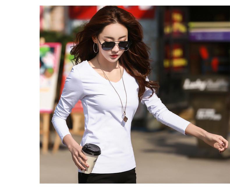 伊奈琳/YINAILIN 2017春秋季新款韩版长袖T恤白色女装时尚修身上衣打底长袖女t恤
